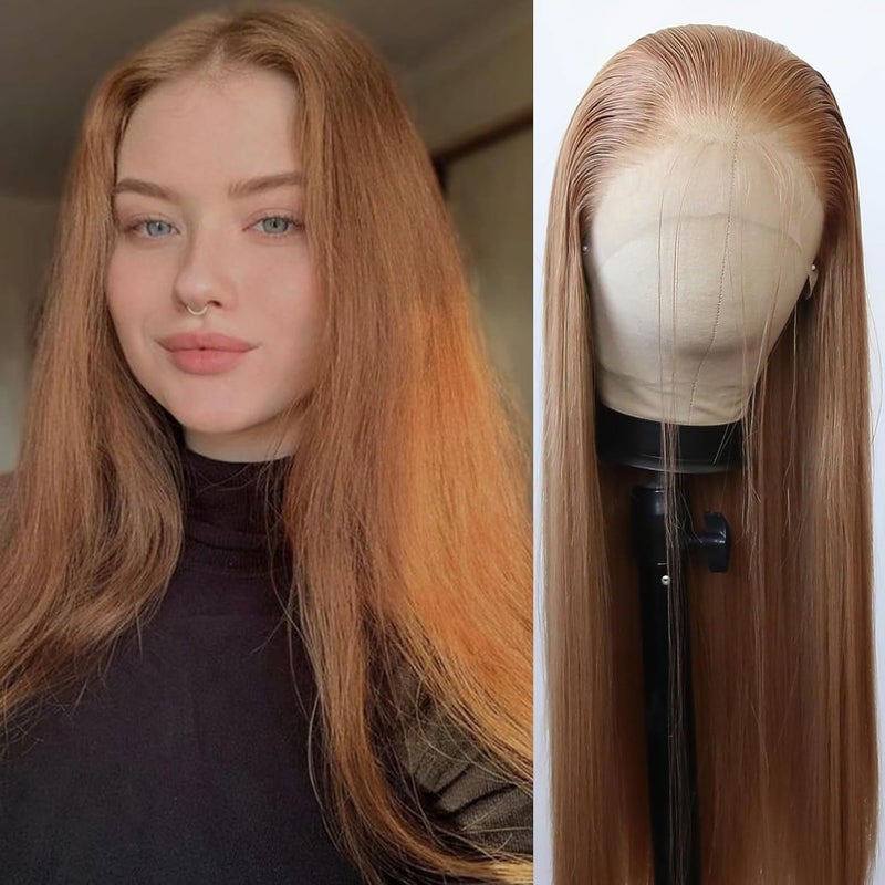 BTWTRY Strawberry Blonde Wig Long Straight Strawberry Blonde Lace Front Synthetic Wigs Pre Plucked Natural Hairline for Black Women Heat Resistant Fiber Hair Cosplay Daily Wear Wig (Strawberry Blonde) - Image 1